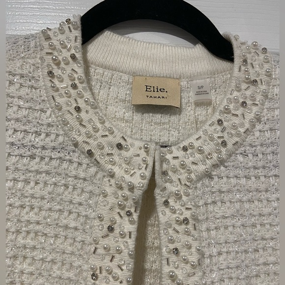 NWT Elie Tahari Size S Cream Knit Embellished Textured Cardigan Beaded Pearls - Picture 2 of 11